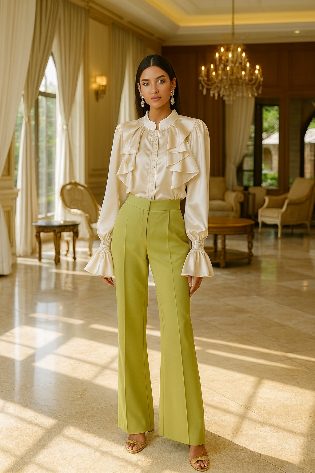 Luxury Ruffle Flared Sleeves Blouse Shirts Women  Retro Blouse Stand Collar French Design Chic Loose Top