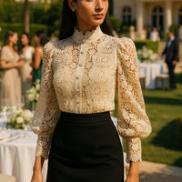 Shirt Women Blouse Office Lady Flower Blouse Spring Hollow Out Lace  Stand Collar Button Female Clothing