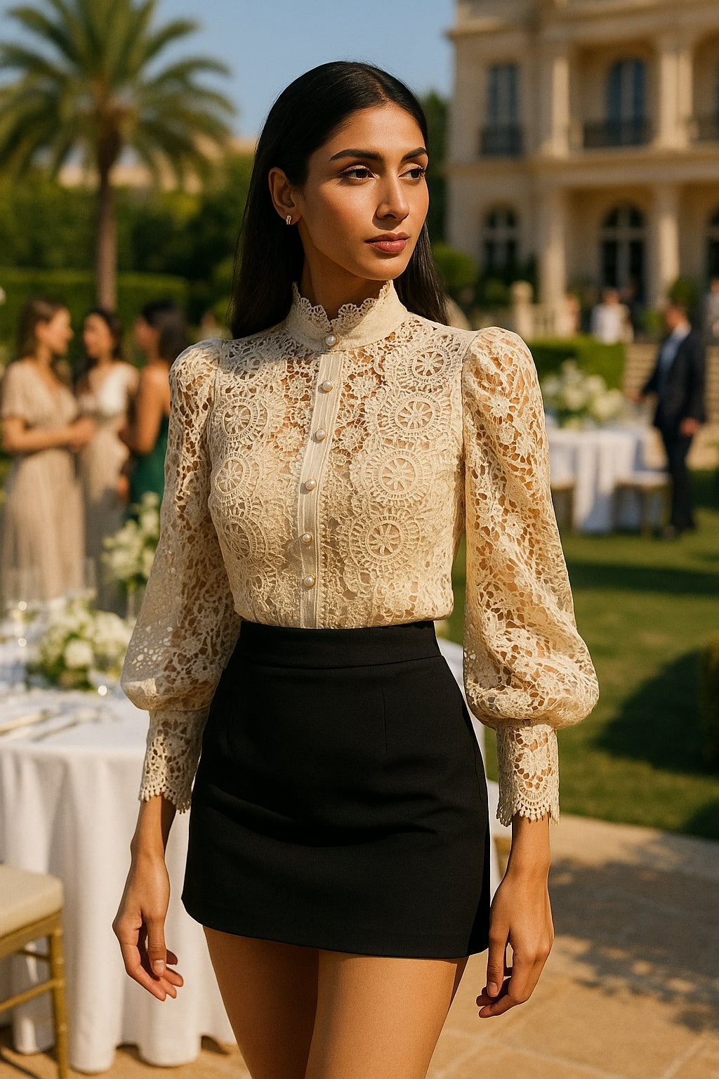 Shirt Women Blouse Office Lady Flower Blouse Spring Hollow Out Lace  Stand Collar Button Female Clothing