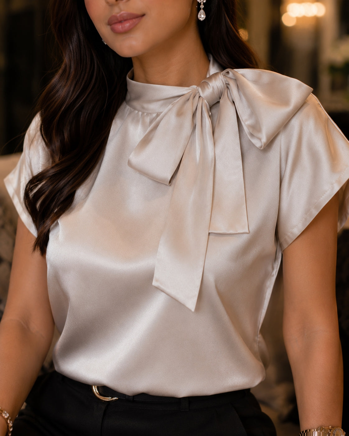 Women's Satin Short-Sleeve Blouse with Tie Collar Large Bow