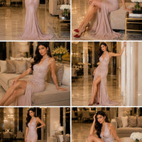 Cross-Border New Sexy Slit Dress, Fashionable and Elegant V-Neck Halter Neck Shimmering Dress Gown