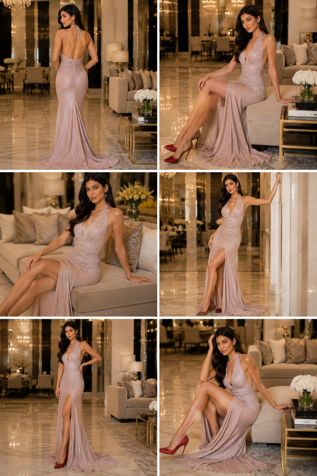 Cross-Border New Sexy Slit Dress, Fashionable and Elegant V-Neck Halter Neck Shimmering Dress Gown