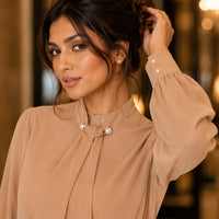 Summer Style Ring Buckle Design Lantern Sleeve Hooded Chiffon Long Sleeve Base Shirt Women's Top