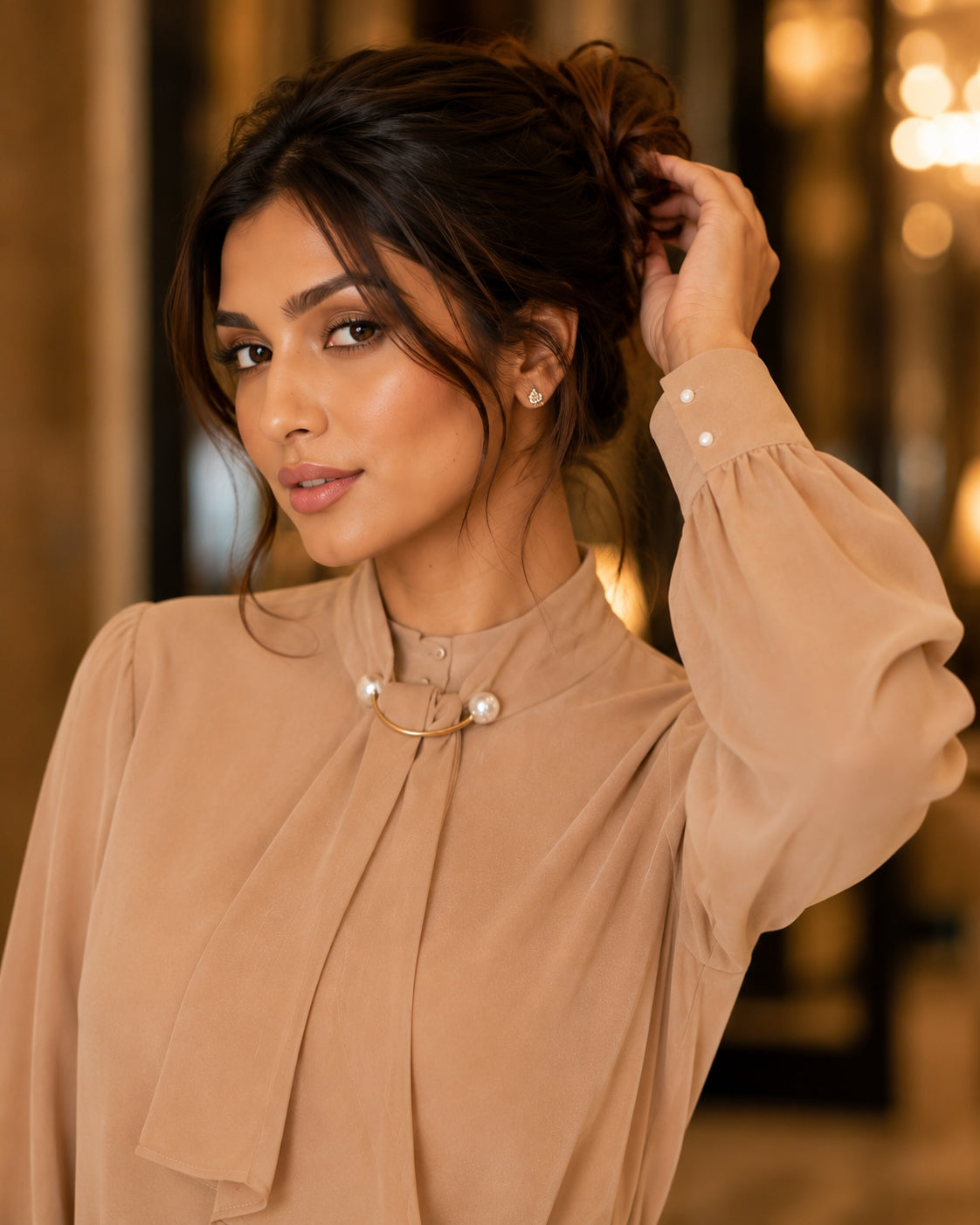 Summer Style Ring Buckle Design Lantern Sleeve Hooded Chiffon Long Sleeve Base Shirt Women's Top