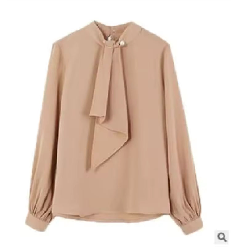 Summer Style Ring Buckle Design Lantern Sleeve Hooded Chiffon Long Sleeve Base Shirt Women's Top