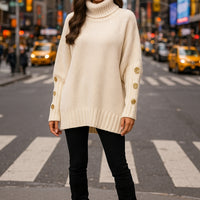 Loose Knitted High Collar Turn-down Collar Sweater for Women Full Sleeve Polyester Fiber Cross-Border Fashion Decorative Button