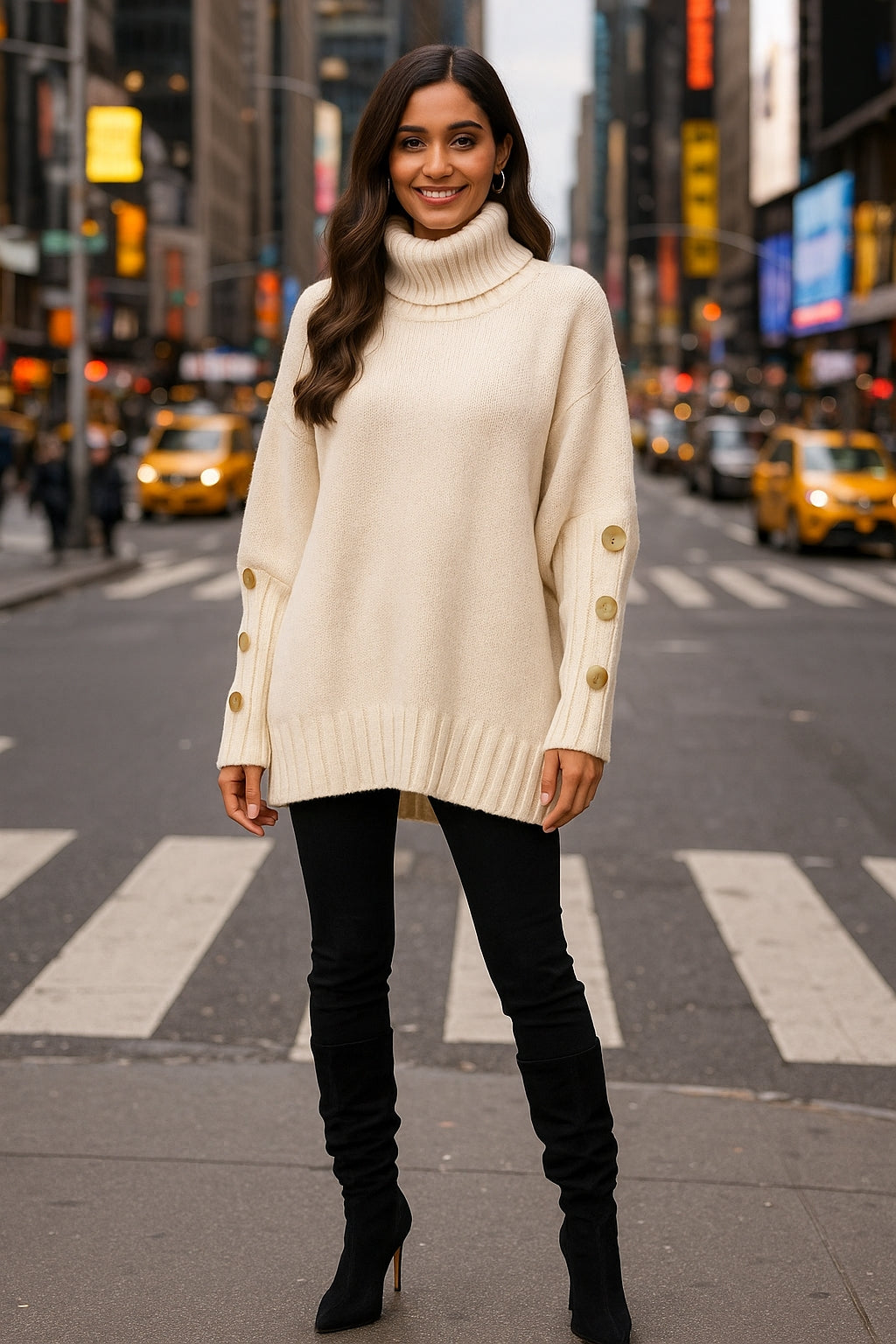 Loose Knitted High Collar Turn-down Collar Sweater for Women Full Sleeve Polyester Fiber Cross-Border Fashion Decorative Button