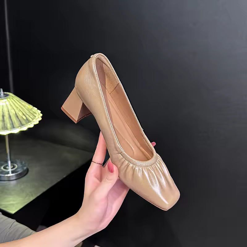 Women's Square Head Grandmother Style Shoes Slip-On High Heel Versatile Shoes in Leather Semi formal  Footwear