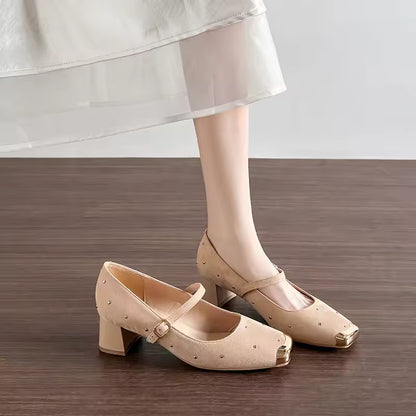 Retro Square Head Mary Jane Shoes Women Comfortable Slip-On High Heels Casual Velvet Upgraded Rubber Sole