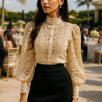 Shirt Women Blouse Office Lady Flower Blouse Spring Hollow Out Lace  Stand Collar Button Female Clothing