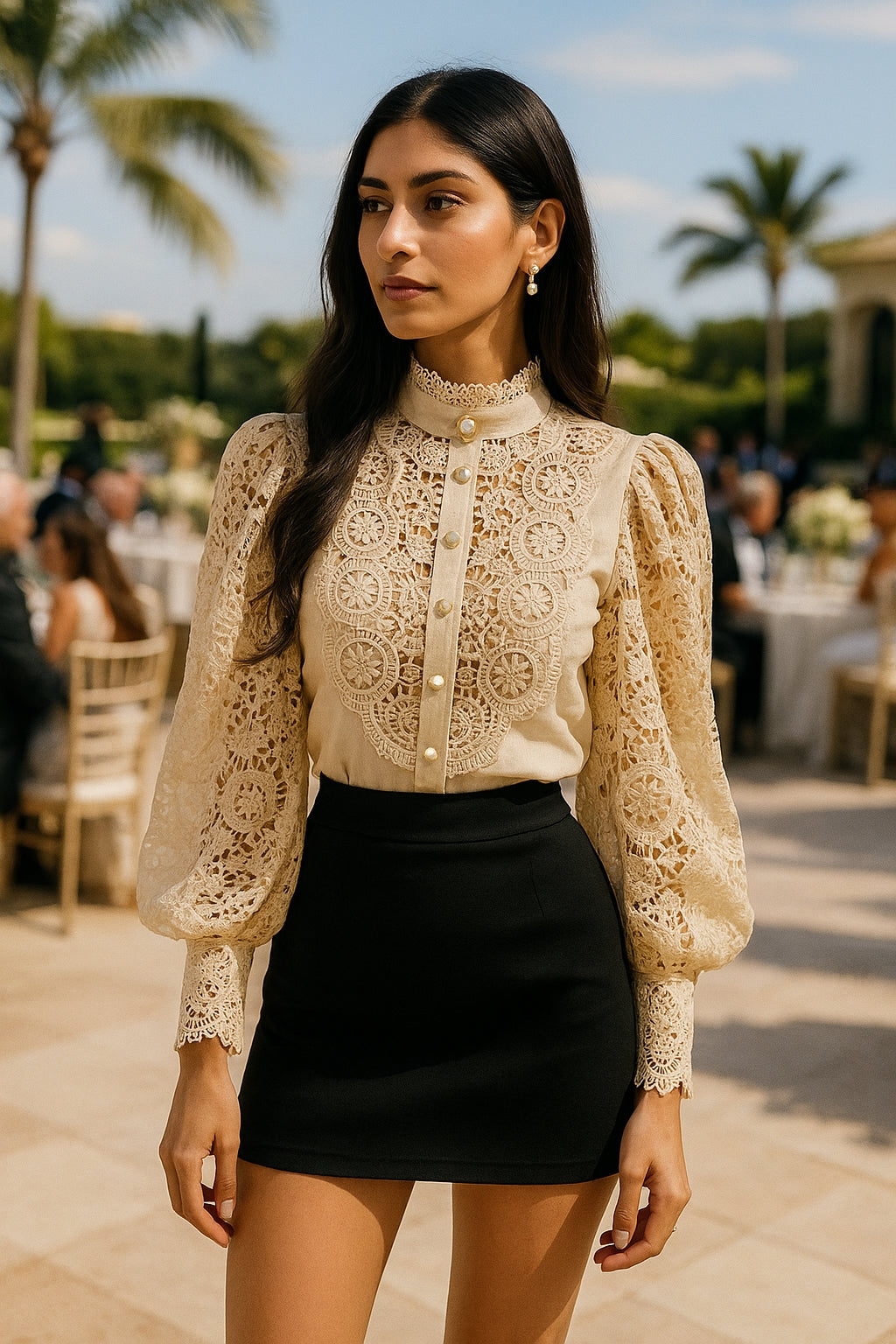 Shirt Women Blouse Office Lady Flower Blouse Spring Hollow Out Lace  Stand Collar Button Female Clothing