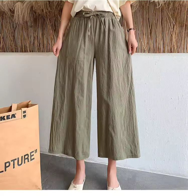 Casual Baggy Wide Leg Trousers Women Summer Thin Comfy Breathable Ankle Length Pants Vintage Loose Cotton Linen Straight Pants