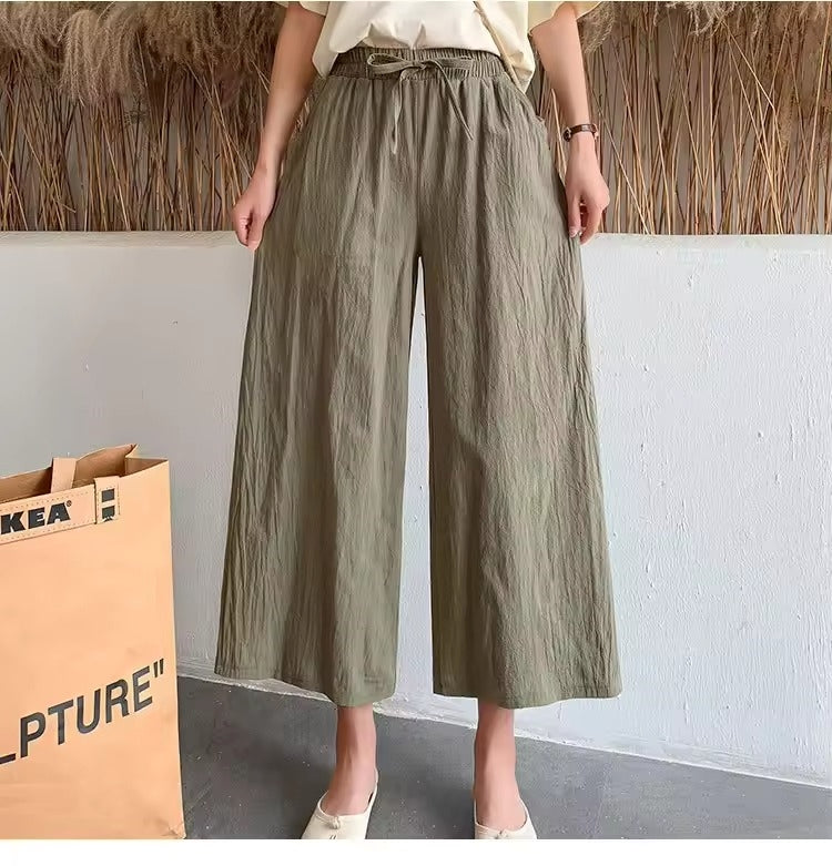 Casual Baggy Wide Leg Trousers Women Summer Thin Comfy Breathable Ankle Length Pants Vintage Loose Cotton Linen Straight Pants