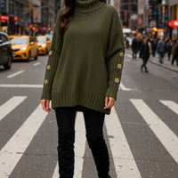 Loose Knitted High Collar Turn-down Collar Sweater for Women Full Sleeve Polyester Fiber Cross-Border Fashion Decorative Button