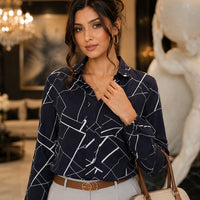 Women's Random Striped Blouse Slim Long Sleeve Printed Turn Down Collar Shirts Single-breasted Office Lady Shirt