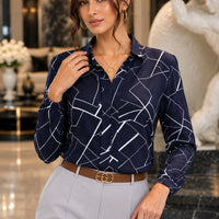 Women's Random Striped Blouse Slim Long Sleeve Printed Turn Down Collar Shirts Single-breasted Office Lady Shirt