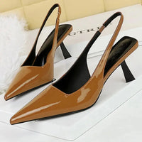 BIGTREE Shoes Summer Women Sandals Patent Leather Kitten Heels Ladies Shoes Hollow Back Strap Sandals Women Sandals Party Shoes Natalia Home Fashion   Light-brown-34 Natalia Home Fashion