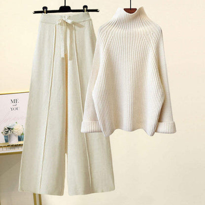Women Chic Casual Half High Collar Sweater Wide Leg Pants Sets Lady Loose Knit Pullover Trousers Outfits Knitwear Natalia Home Fashion    Natalia Home Fashion