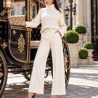 Women Chic Casual Half High Collar Sweater Wide Leg Pants Sets Lady Loose Knit Pullover Trousers Outfits Knitwear Natalia Home Fashion    Natalia Home Fashion