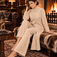 Women Knitted 2 Pieces Set Turtleneck Long Pullovers Sweaters & Wide Leg Pants Thicken Warm Sweater Sets Natalia Home Fashion    Natalia Home Fashion