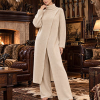 Women Knitted 2 Pieces Set Turtleneck Long Pullovers Sweaters & Wide Leg Pants Thicken Warm Sweater Sets Natalia Home Fashion    Natalia Home Fashion