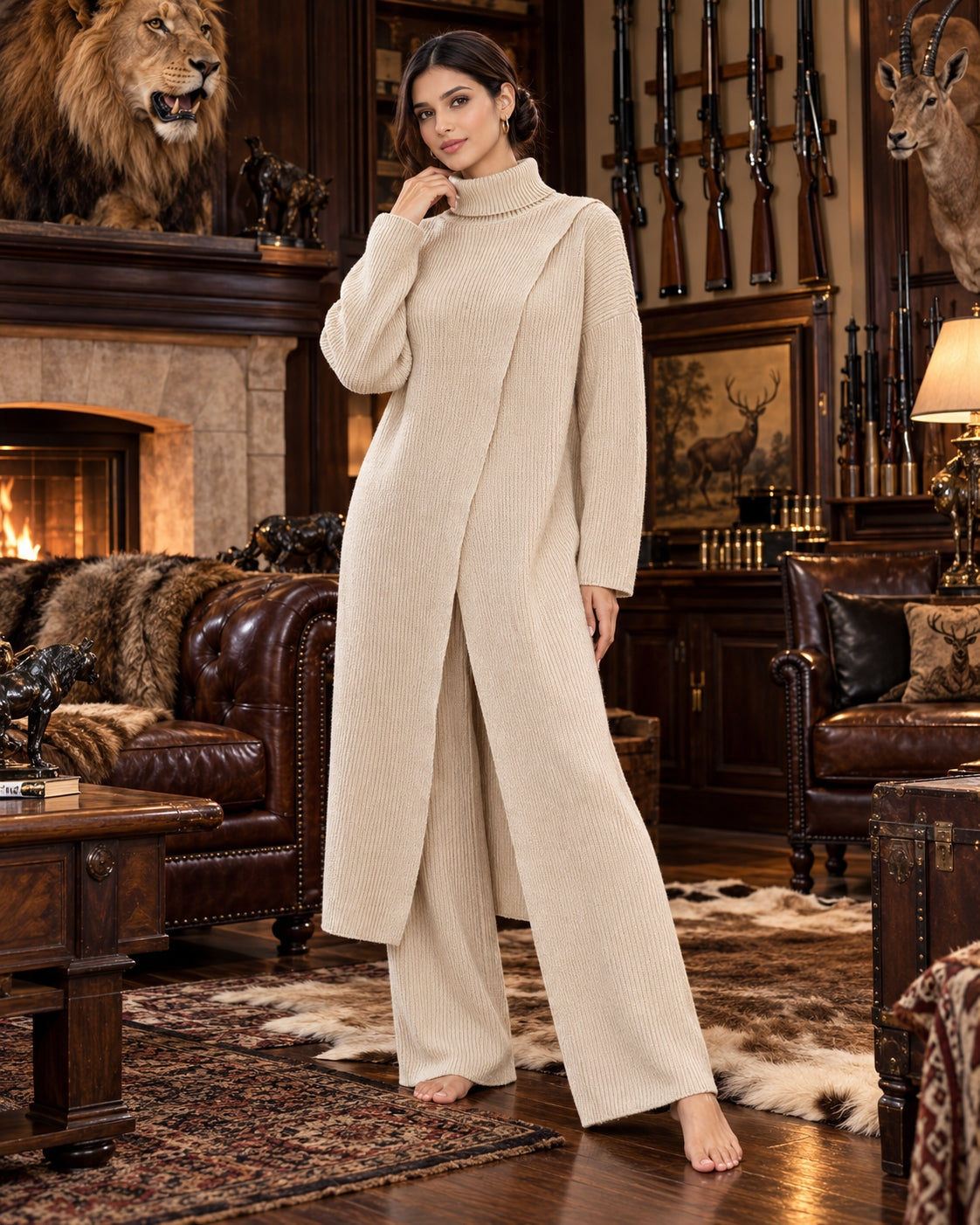 Women Knitted 2 Pieces Set Turtleneck Long Pullovers Sweaters & Wide Leg Pants Thicken Warm Sweater Sets Natalia Home Fashion    Natalia Home Fashion