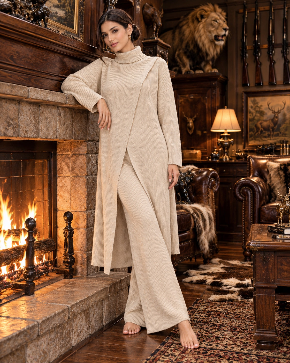 Women Knitted 2 Pieces Set Turtleneck Long Pullovers Sweaters & Wide Leg Pants Thicken Warm Sweater Sets Natalia Home Fashion    Natalia Home Fashion