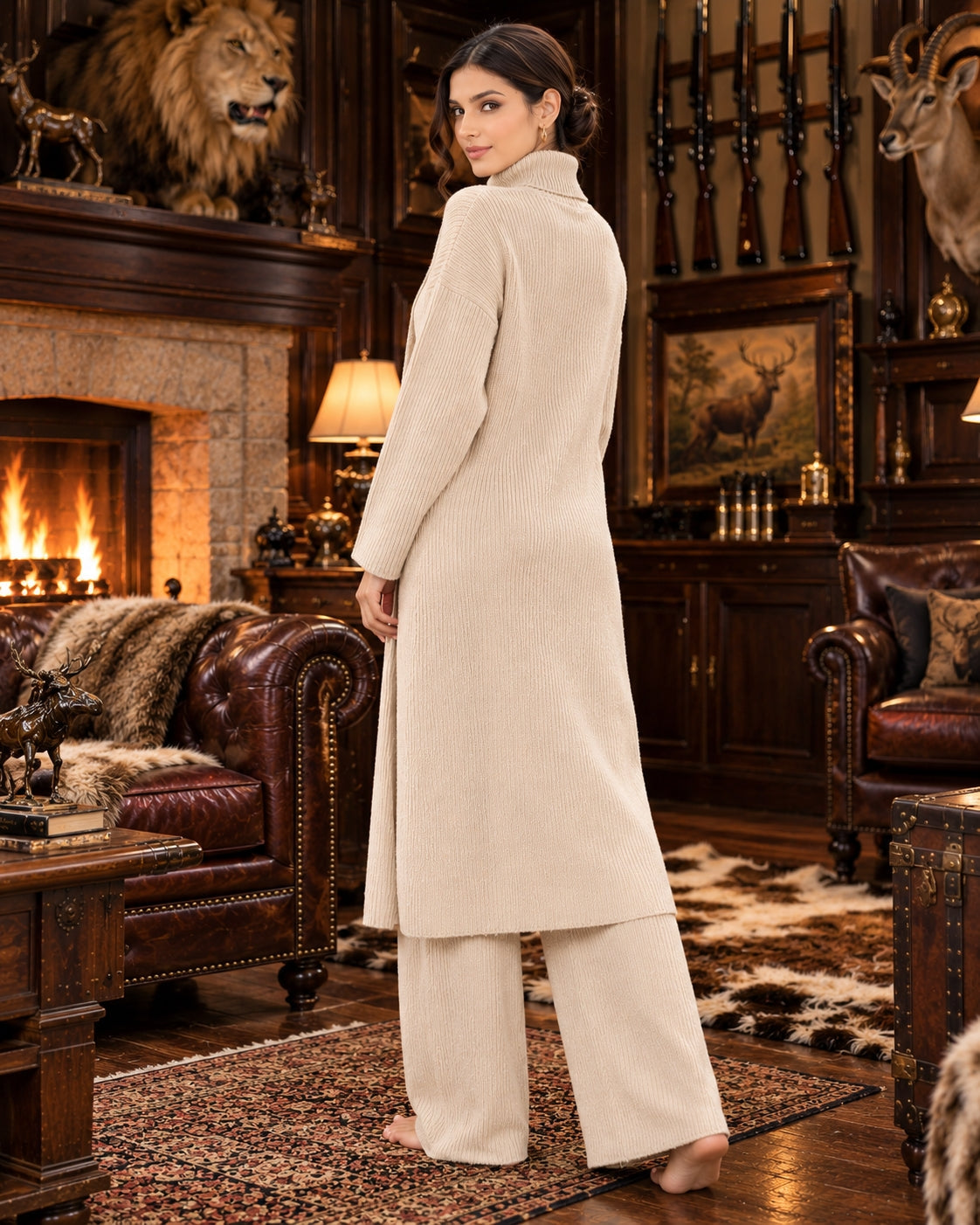 Women Knitted 2 Pieces Set Turtleneck Long Pullovers Sweaters & Wide Leg Pants Thicken Warm Sweater Sets Natalia Home Fashion    Natalia Home Fashion
