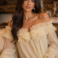 Off Shoulder Sweet Chiffon Top Long Sleeve Elastic French Style Solid Women Vacation Ruffles Loose Dresses