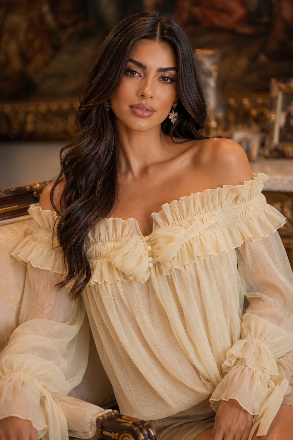 Off Shoulder Sweet Chiffon Top Long Sleeve Elastic French Style Solid Women Vacation Ruffles Loose Dresses