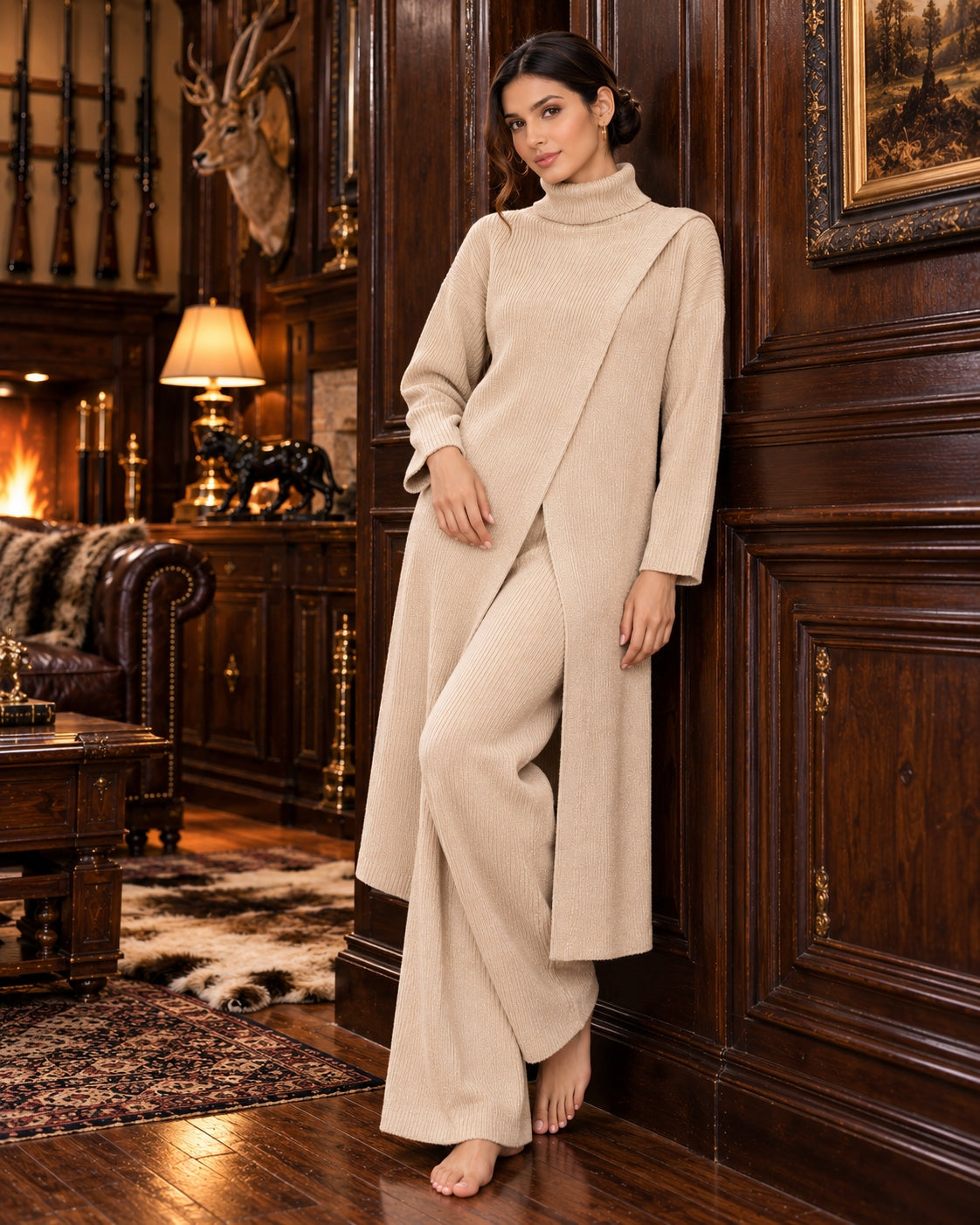 Women Knitted 2 Pieces Set Turtleneck Long Pullovers Sweaters & Wide Leg Pants Thicken Warm Sweater Sets Natalia Home Fashion    Natalia Home Fashion