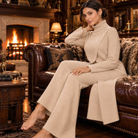 Women Knitted 2 Pieces Set Turtleneck Long Pullovers Sweaters & Wide Leg Pants Thicken Warm Sweater Sets Natalia Home Fashion    Natalia Home Fashion