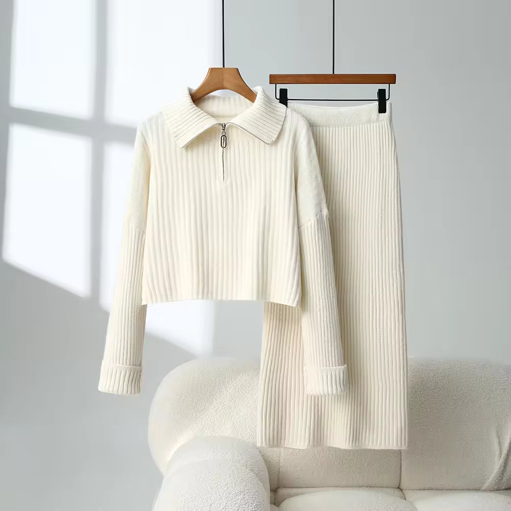 Loose Knitted Sweater Set Casual Fashion Artistic Vintage Style Half-Zip Collared Knitwear Two-Piece Set Natalia Home Fashion    Natalia Home Fashion