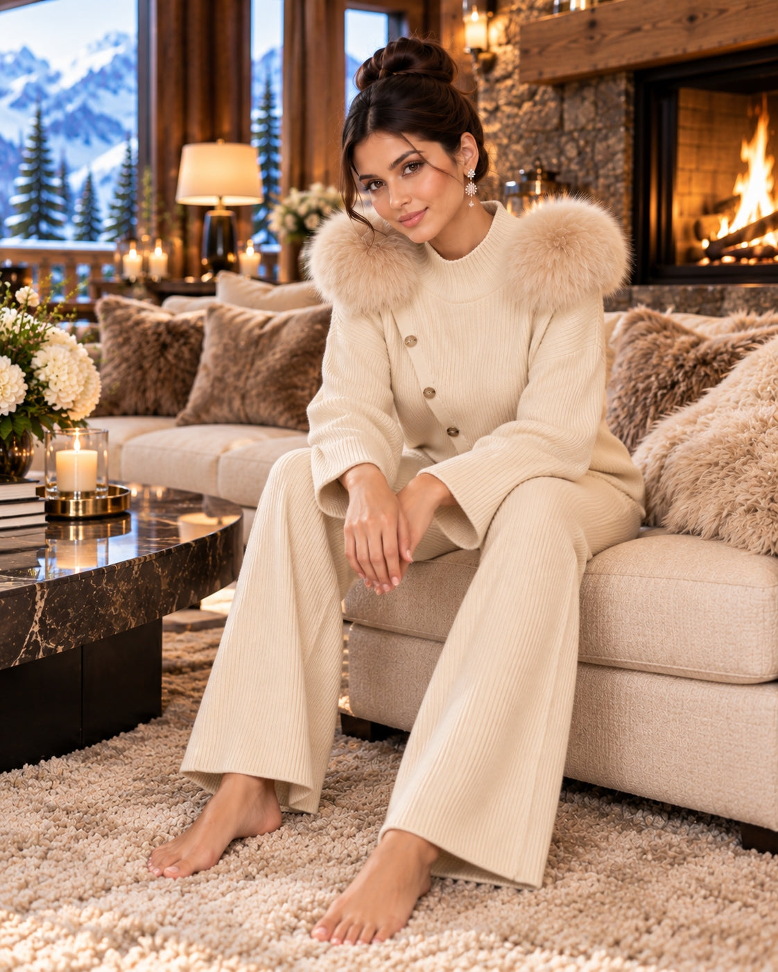 Casual Knitted Half-High Collar Sweater And Pants Set Real Fox Shoulder Patches  Style Comfortable Lazy Style Natalia Home Fashion    Natalia Home Fashion