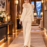 Casual Knitted Half-High Collar Sweater And Pants Set Real Fox Shoulder Patches  Style Comfortable Lazy Style Natalia Home Fashion    Natalia Home Fashion