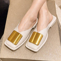 Women Slippers Brand Designer Fashion Metal Buckle Flat Heels Square Toe Shallow Shoes for Women Outdoor Slide Female Casual - Natalia Home Fashion
