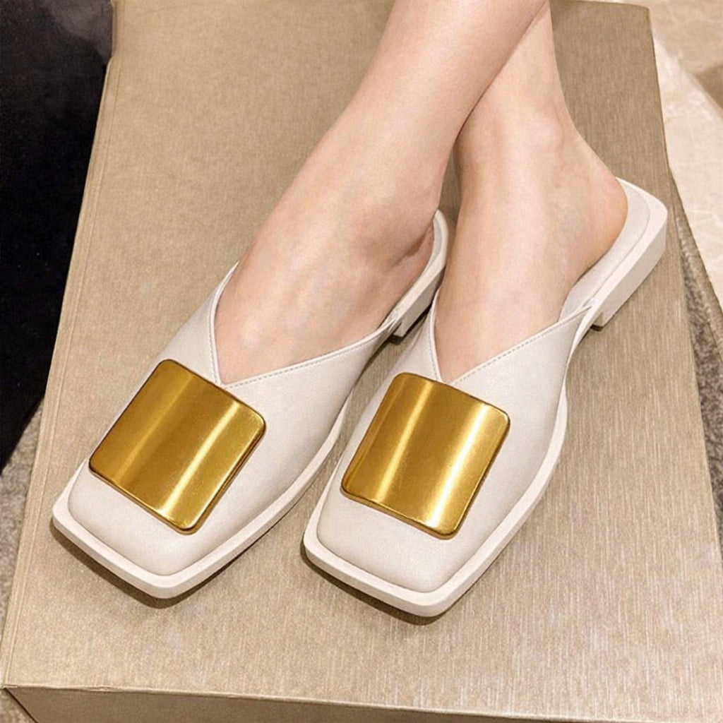 Women Slippers Brand Designer Fashion Metal Buckle Flat Heels Square Toe Shallow Shoes for Women Outdoor Slide Female Casual - Natalia Home Fashion