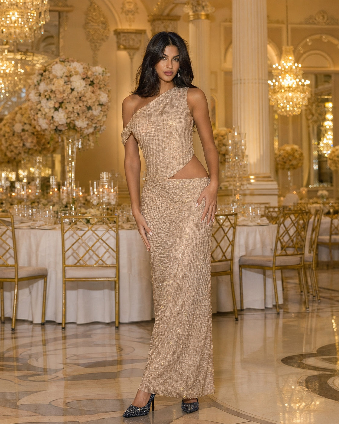 Fashion Water Diamond Slanted Shoulder Hollowed Out Sparkling Party Dress Women's Ankle-length Dresses