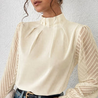 Elegant Blouse White Women's Shirt  Half High Neck Spliced Wave Pattern Chiffon Long sleeved Top