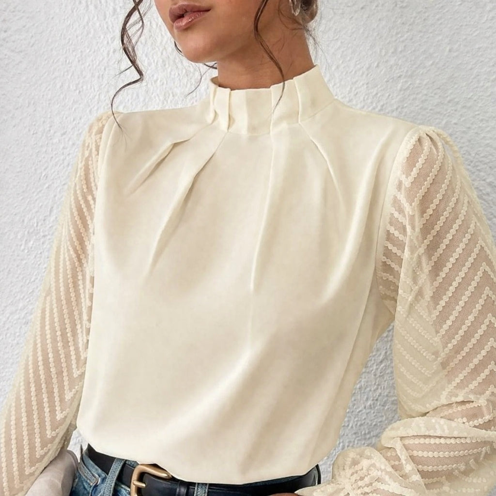 Elegant Blouse White Women's Shirt  Half High Neck Spliced Wave Pattern Chiffon Long sleeved Top