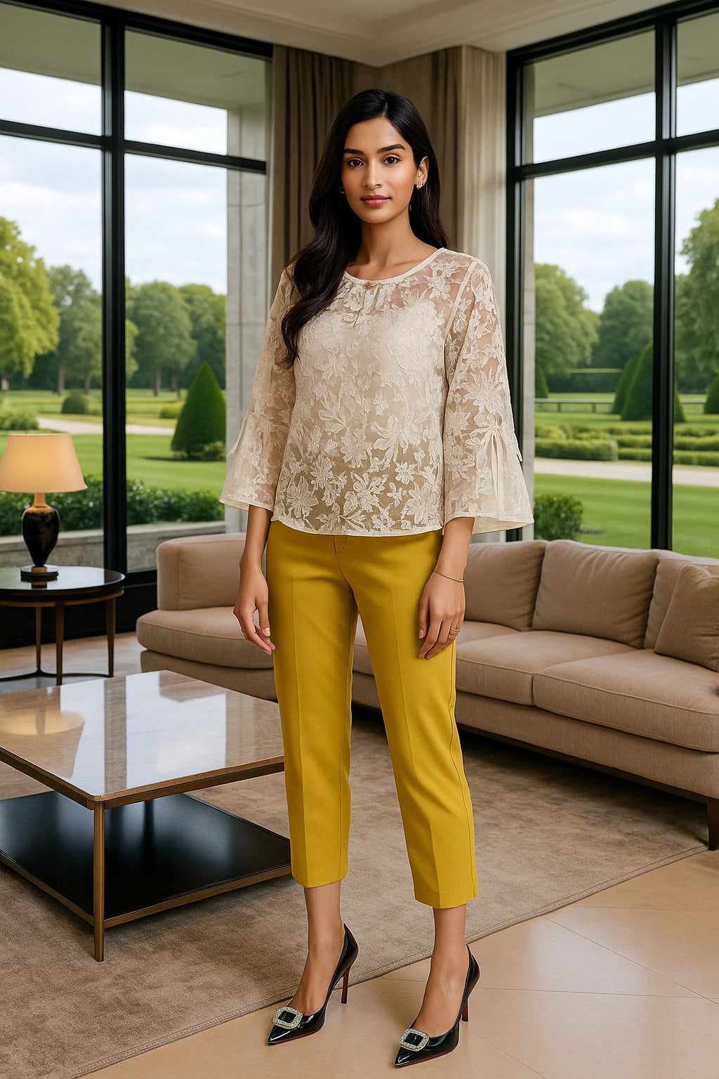 Round Neck Lace Shirt Women's Summer Floral Print Tie Dotted Cotton Blend Full Sleeve Slim Fit Button up Top
