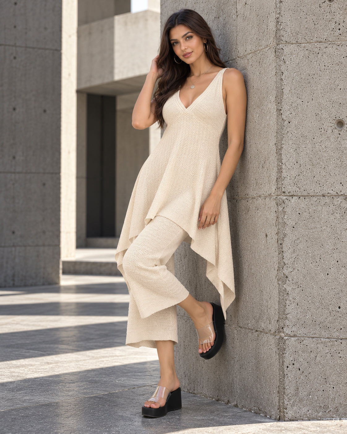 Casual Pants Ensemble Femmes Sleeveless Top Wide Leg Trousers Women's Matching Sets Long Pants Knit Pants 2 Piece Set Natalia Home Fashion    Natalia Home Fashion