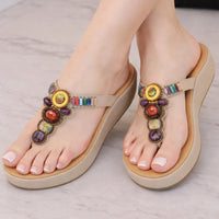 Sandals Women PU Flip Flops Casual Shoes Woman Beading Elastic Band Wedges Sandals Ethnic Style Fashion Flats - Natalia Home Fashion
