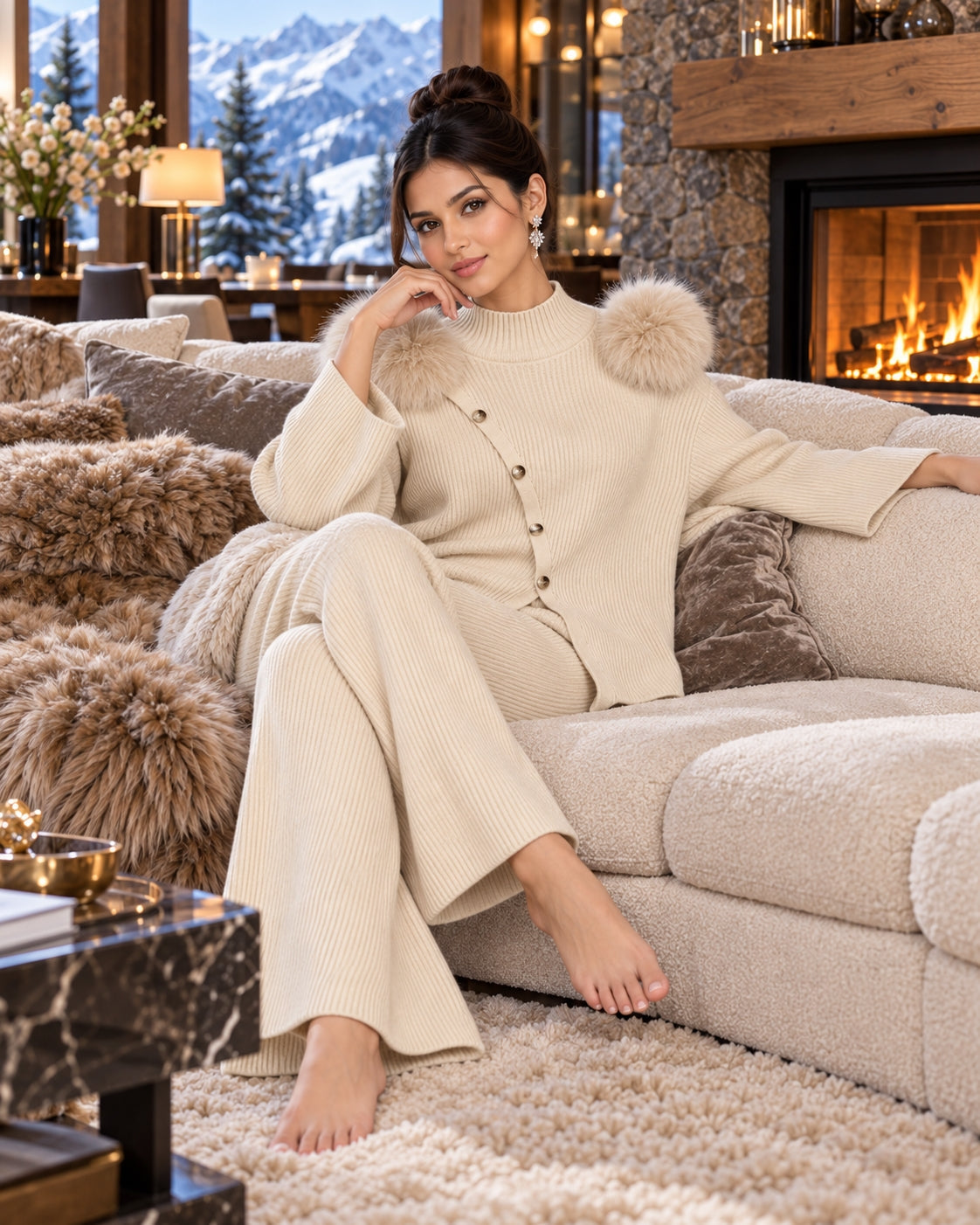 Casual Knitted Half-High Collar Sweater And Pants Set Real Fox Shoulder Patches  Style Comfortable Lazy Style Natalia Home Fashion    Natalia Home Fashion