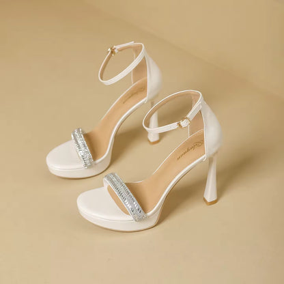 Suede Women's Sandals Thin Heels 9cm Ankle Buckle Rhinestone Straight Straps Cover Heel Ladies Pumps Dress Shoes