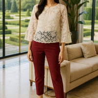 Round Neck Lace Shirt Women's Summer Floral Print Tie Dotted Cotton Blend Full Sleeve Slim Fit Button up Top