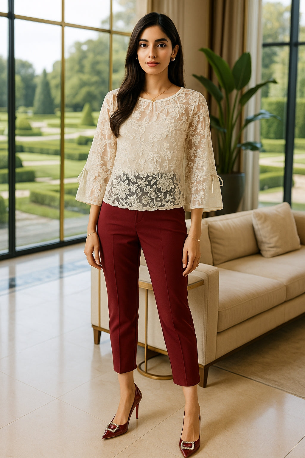 Round Neck Lace Shirt Women's Summer Floral Print Tie Dotted Cotton Blend Full Sleeve Slim Fit Button up Top