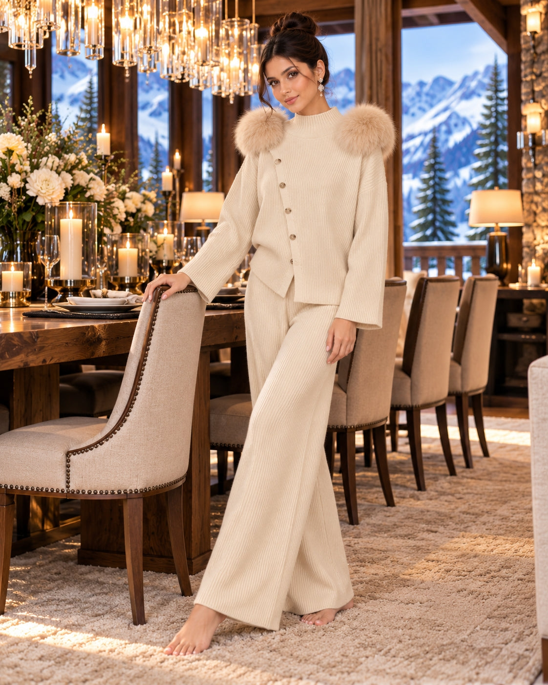Casual Knitted Half-High Collar Sweater And Pants Set Real Fox Shoulder Patches  Style Comfortable Lazy Style Natalia Home Fashion    Natalia Home Fashion