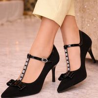 Banquet Bow Rivet T-button Pointed Head High Heel Women's Single Shoes