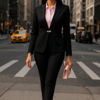 Women's Slim Fit Blazer Suit Fashion Solid Color Single Button Jacket Office Lady Coat and Pants